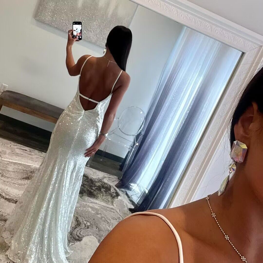Elegant White Sequin Mermaid Prom Dress with Applique Spaghetti Straps - Perfect for Formal Dances, Evening Galas & Special Occasions