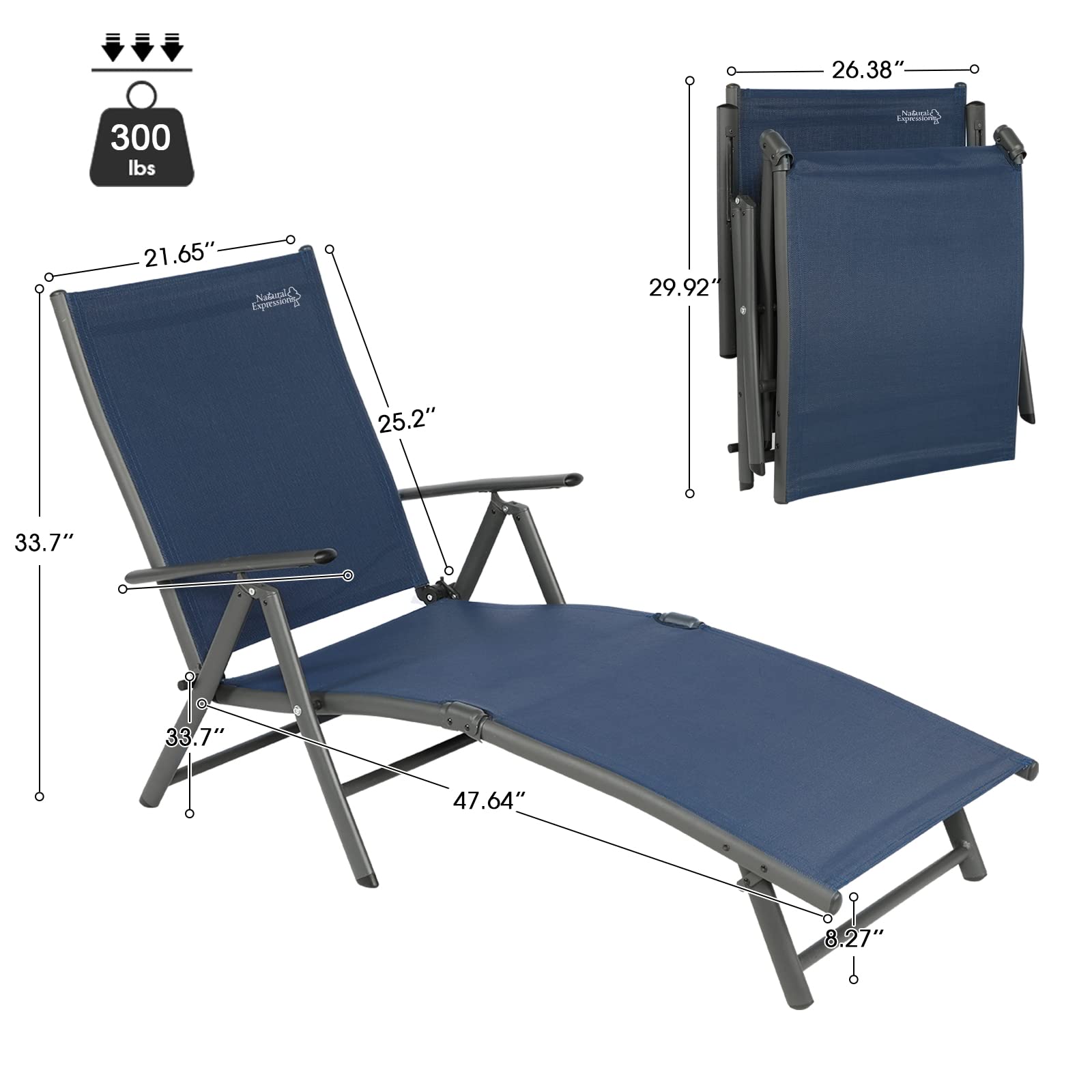 Premium Aluminum Folding Chaise Lounge Chairs Set of 2 - Adjustable Outdoor Recliners for Pool, Beach, Patio & Backyard - 300 lbs Weight Capacity - Durable Weather-Resistant Poolside & Lawn Furniture for Relaxation & Sunbathing