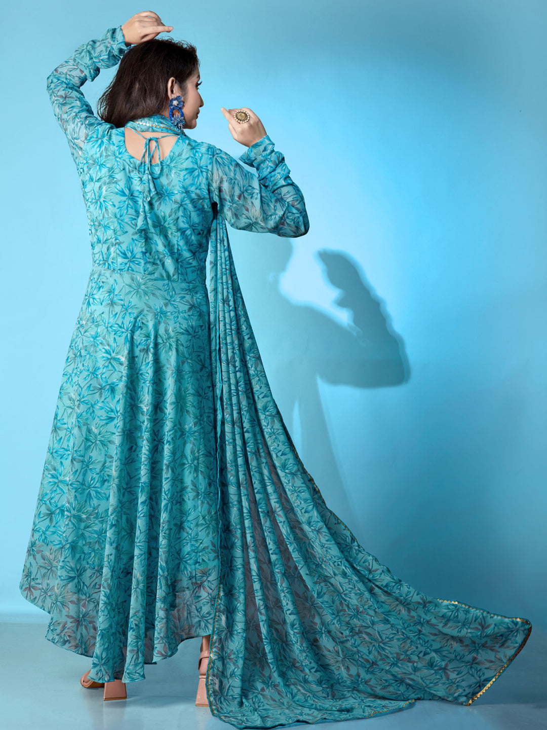 Elegant Blue Designer Gown with Printed Dupatta - Perfect for Weddings, Parties & Special Occasions