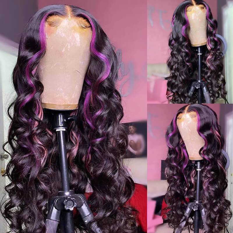 Eullair Pink Purple Balayage Body Wave Human Hair Lace Front Wig with Piano Color - Heat Resistant for Styling, Perfect for Cosplay, Parties & Daily Wear