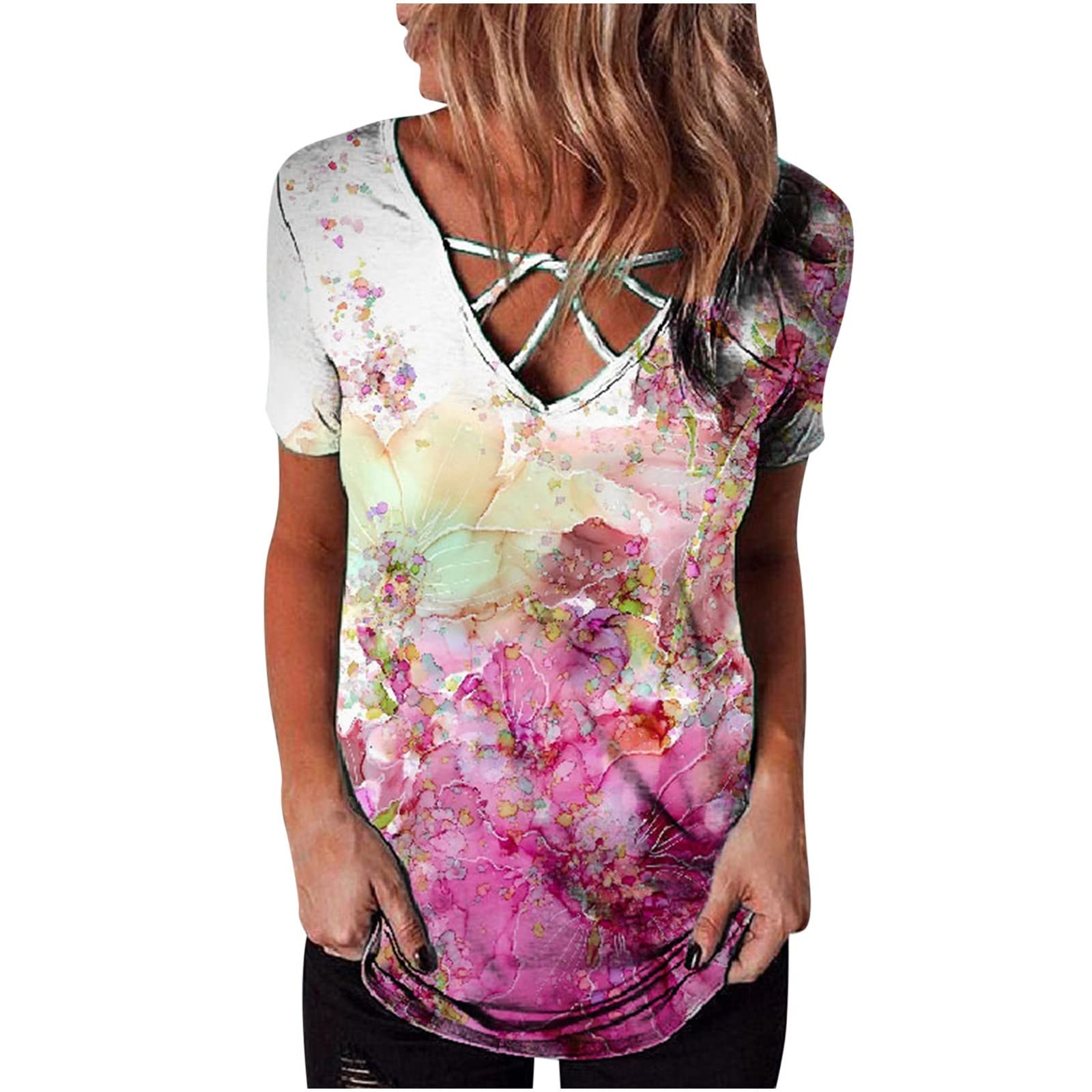 Women's Floral Print V-Neck Short Sleeve Blouse - Summer Casual T-Shirt Top for Women | Perfect for Beach Outings, Date Nights & Office Wear