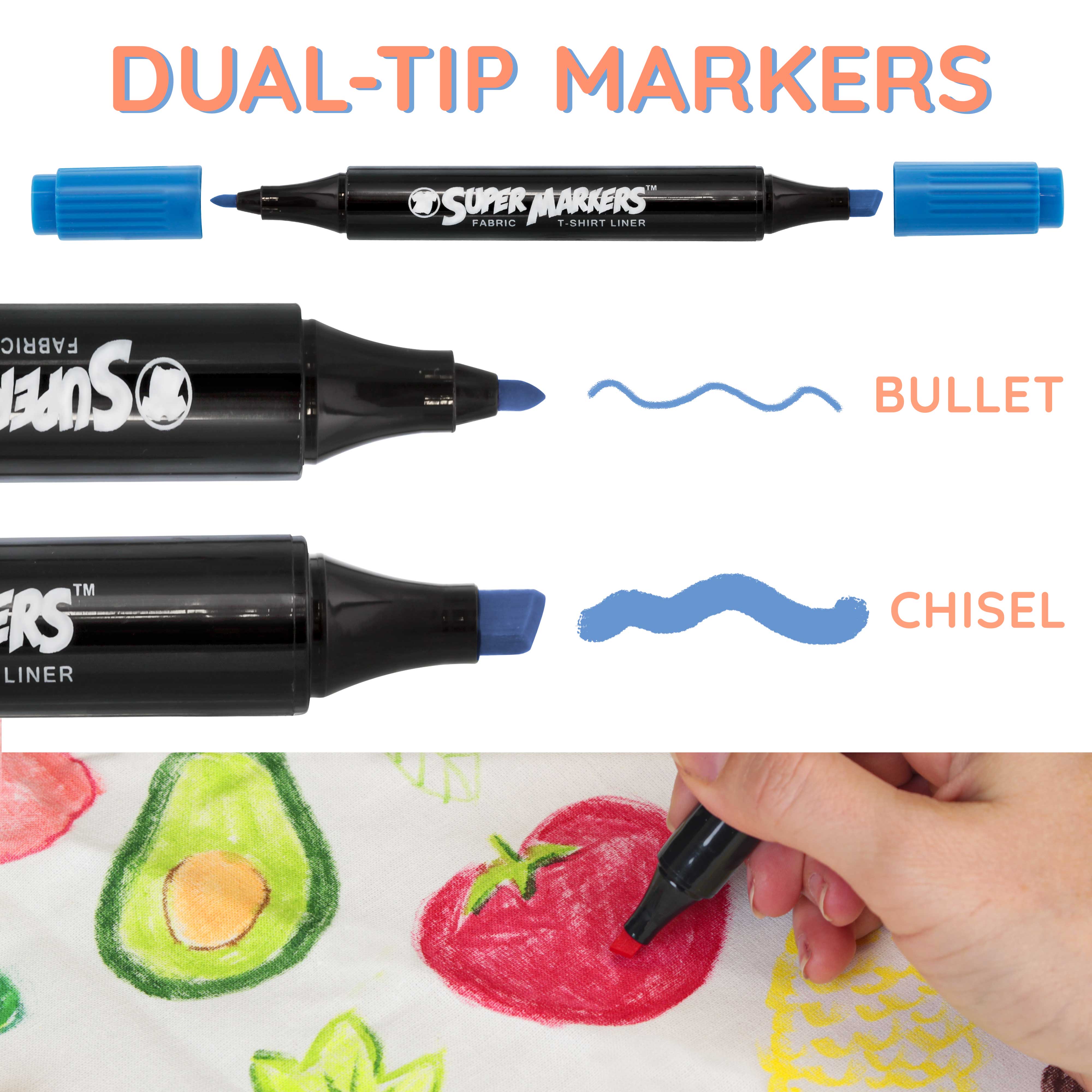 60 Dual Tip Fabric Markers Set - Super Markers with Chisel & Fine Point Tips in Primary, Pastel & Neon Colors - Perfect for DIY T-Shirt Designs, Fabric Crafts & Art Projects