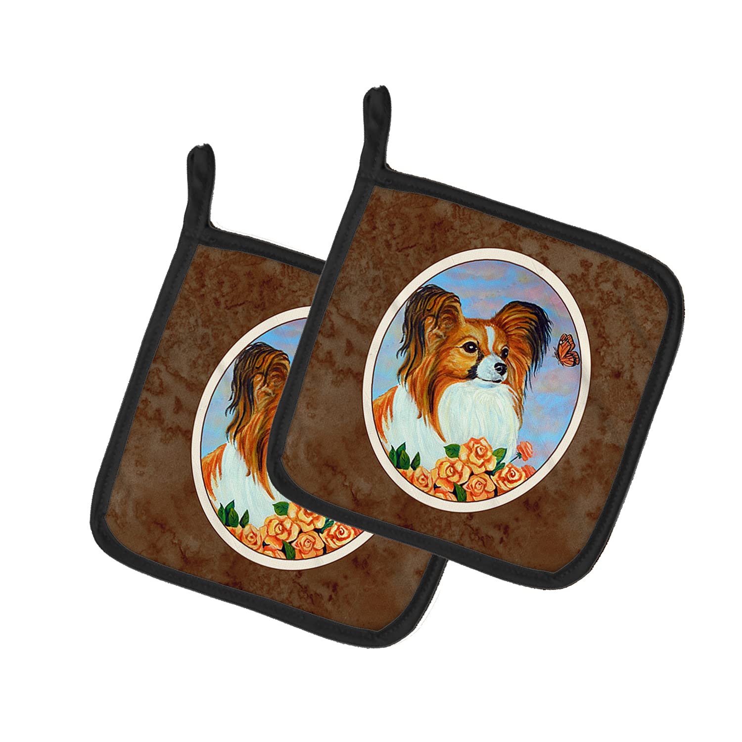 Caroline's Treasures 7246PTHD Papillon Pair of Heat Resistant Kitchen Pot Holders - 7.5x7.5 Inch Oven Mitts for Cooking, Baking, BBQ & Grilling - Perfect for Hot Pans, Baking Sheets & Dutch Ovens
