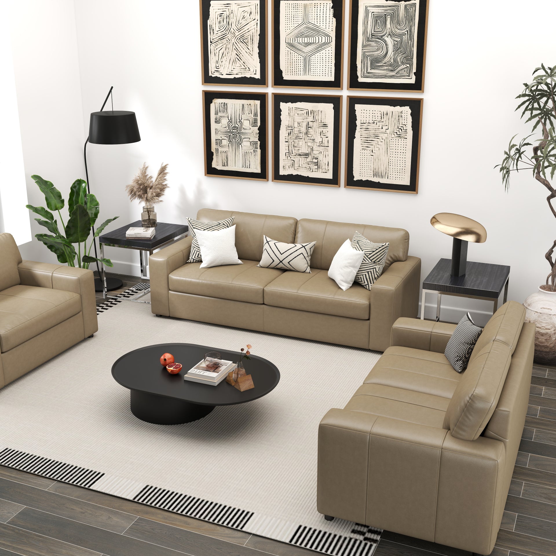 Roundhill Furniture Sakan Genuine Leather Upholstered Living Room Set - Sofa, Loveseat & Chair - Modern Sectional Couch for Home Theater, Family Room & Lounge Areas