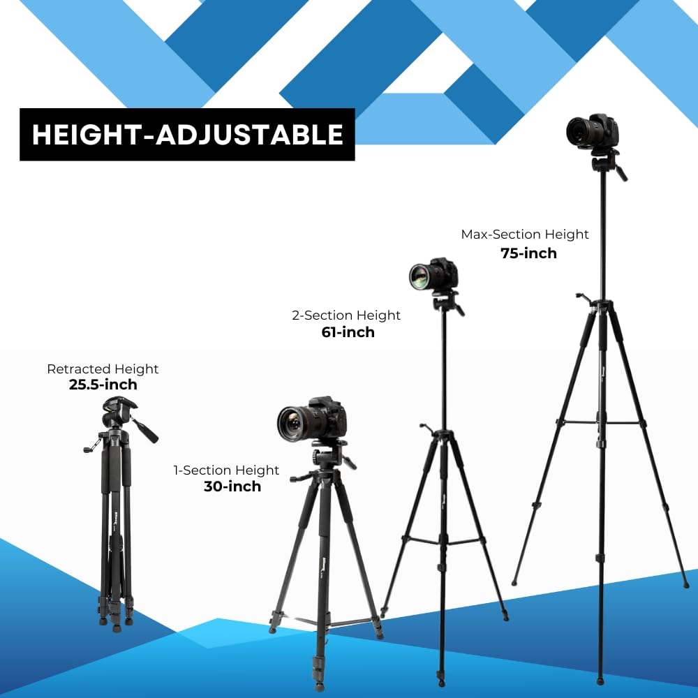 Professional 75-inch Camera Tripod with 3-Way Panhead & Bubble Level - Compatible with Canon, Nikon, Sony, Pentax, Sigma, Fuji, Olympus, Panasonic, JVC, Samsung DSLR Cameras & Camcorders - Perfect for Photography, Videography, Live Streaming & Outdoor Shooting
