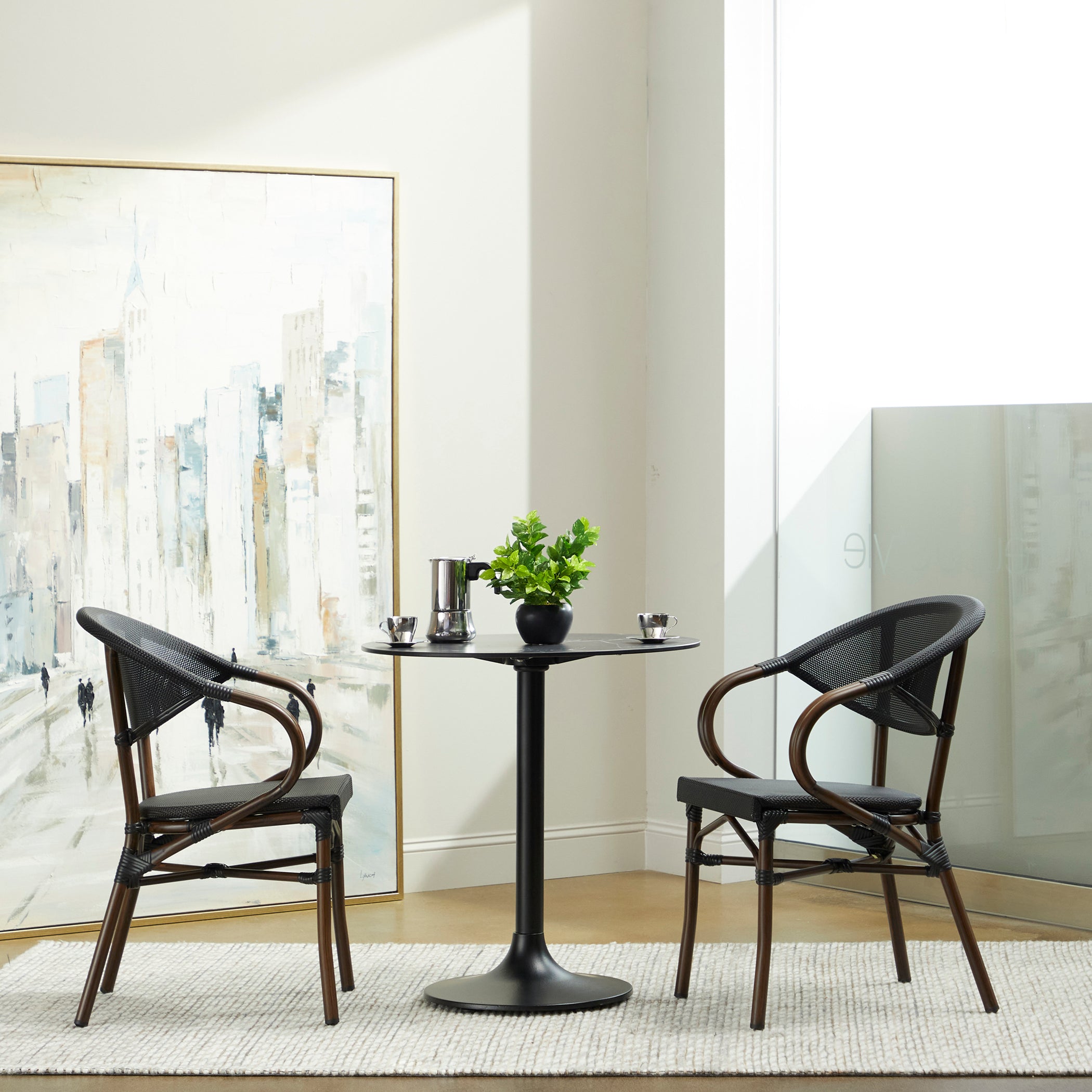 Jannie Stacking Armchair Set of 2 - Black Mesh & Brown Wood Frame Modern Dining Chairs 90392BLK - Perfect for Restaurants, Cafes, and Home Dining Rooms
