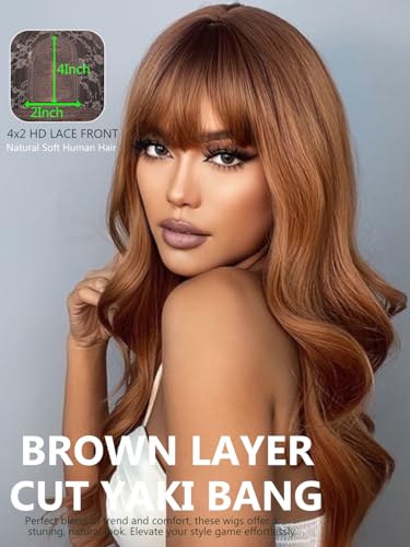 Brown Yaki Straight Lace Part Wig with Bang Human Hair