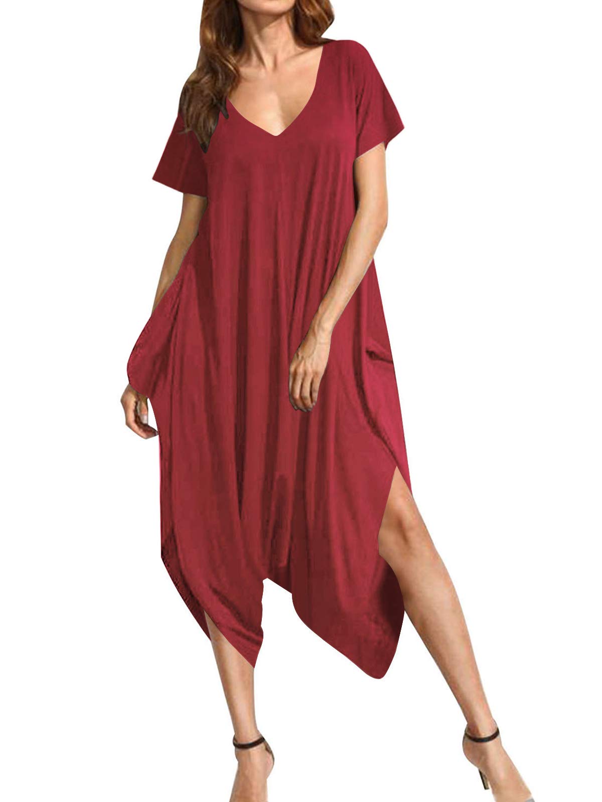Auxo Women's Casual Short Sleeve V-Neck Harem Jumpsuit Romper - Summer One Piece Outfit for Beach, Vacation & Everyday Wear