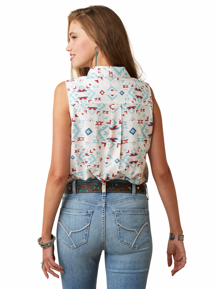 Ariat Women's REAL Billie Jean Sleeveless Shirt - Montana Geo Print Western Top for Rodeo, Horse Riding & Casual Wear