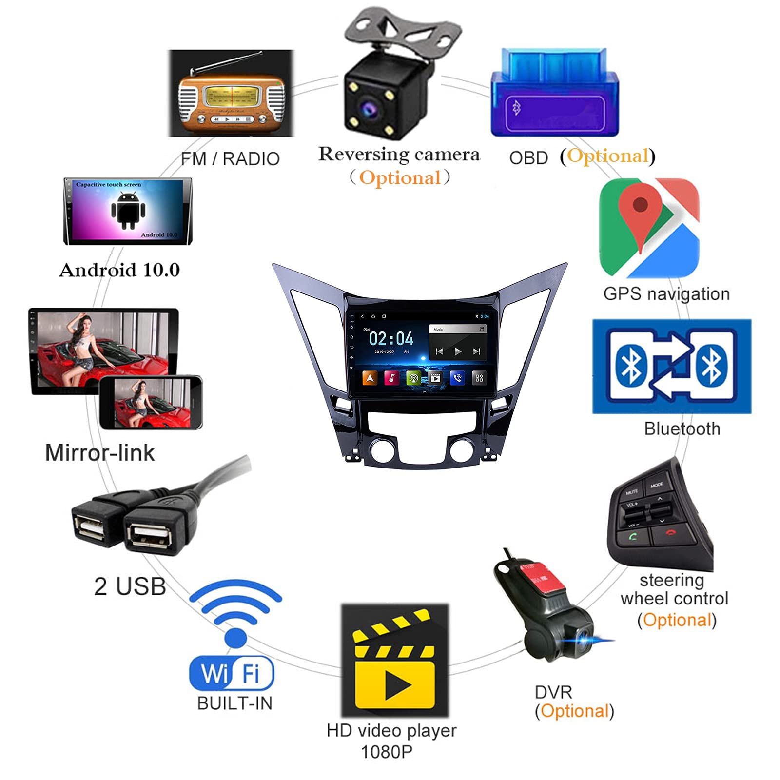 Android Car Stereo for Hyundai Sonata 2010-2015 - 7 Inch Touchscreen Multimedia Player with GPS Navigation, Bluetooth, WiFi, Mirror Link & Steering Wheel Control | Plug & Play | Perfect for Commuting, Road Trips & Hands-Free Driving