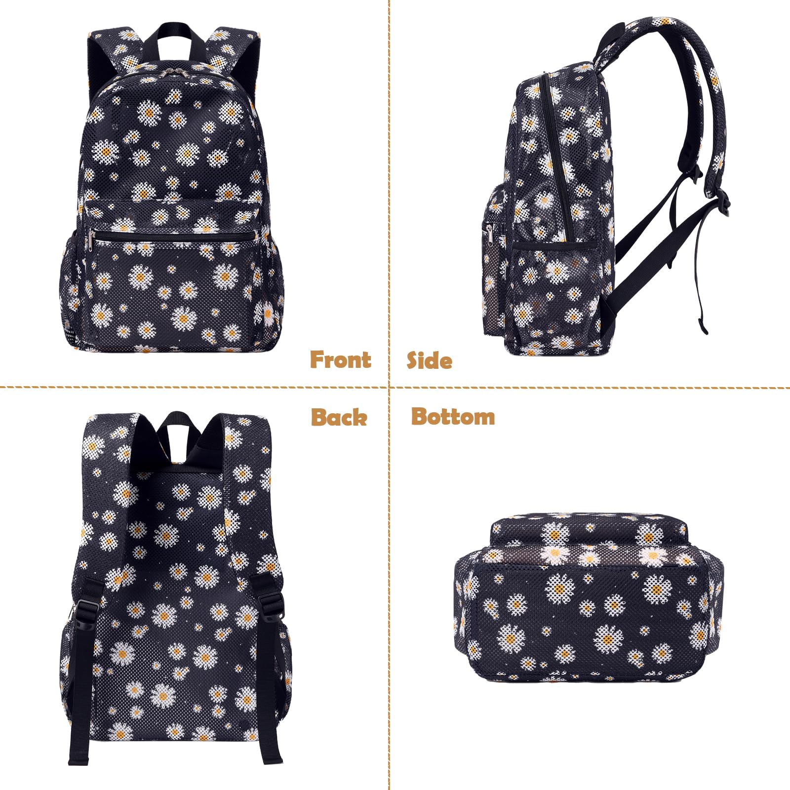 Daisy Black Mesh Backpack for Women & Girls - Semi-Transparent Lightweight Laptop Backpack with See-Through Design - Perfect for School, Work, Travel & Gym