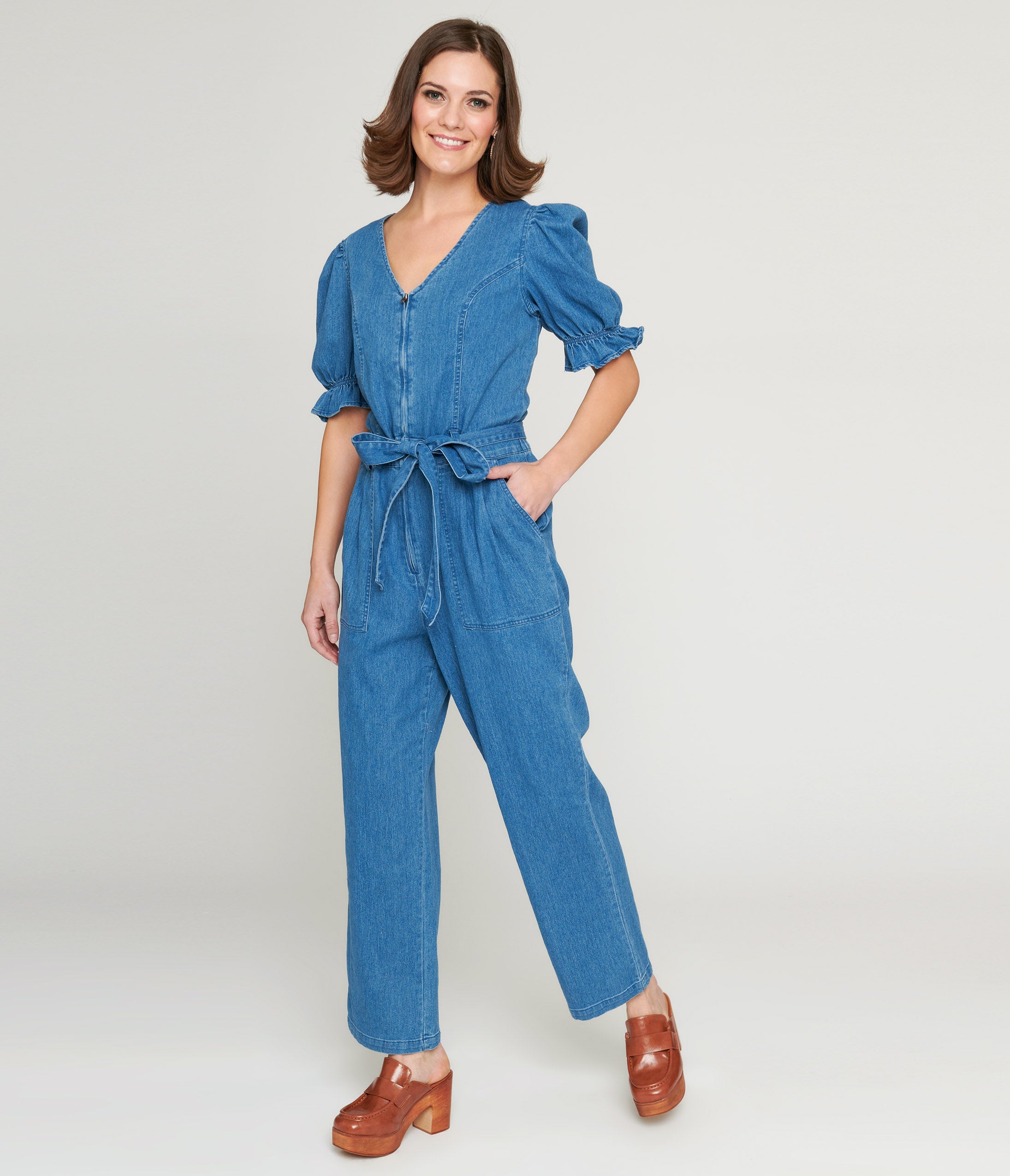 Vintage 1970s Denim Puff Sleeve Jumpsuit for Women - Retro High Waist Wide Leg Romper - Perfect for Music Festivals & Boho Fashion