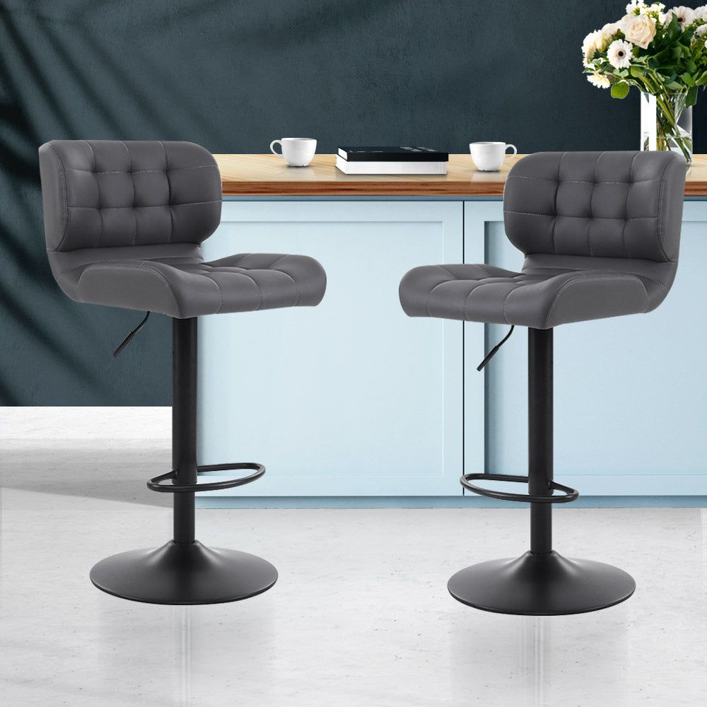 2 Pack Adjustable Height Bar Stools with Gas Lift Mechanism - Grey Leather Padded Seat for Kitchen Island, Home Bar & Breakfast Nook - Modern Counter Stools for Dining & Entertaining