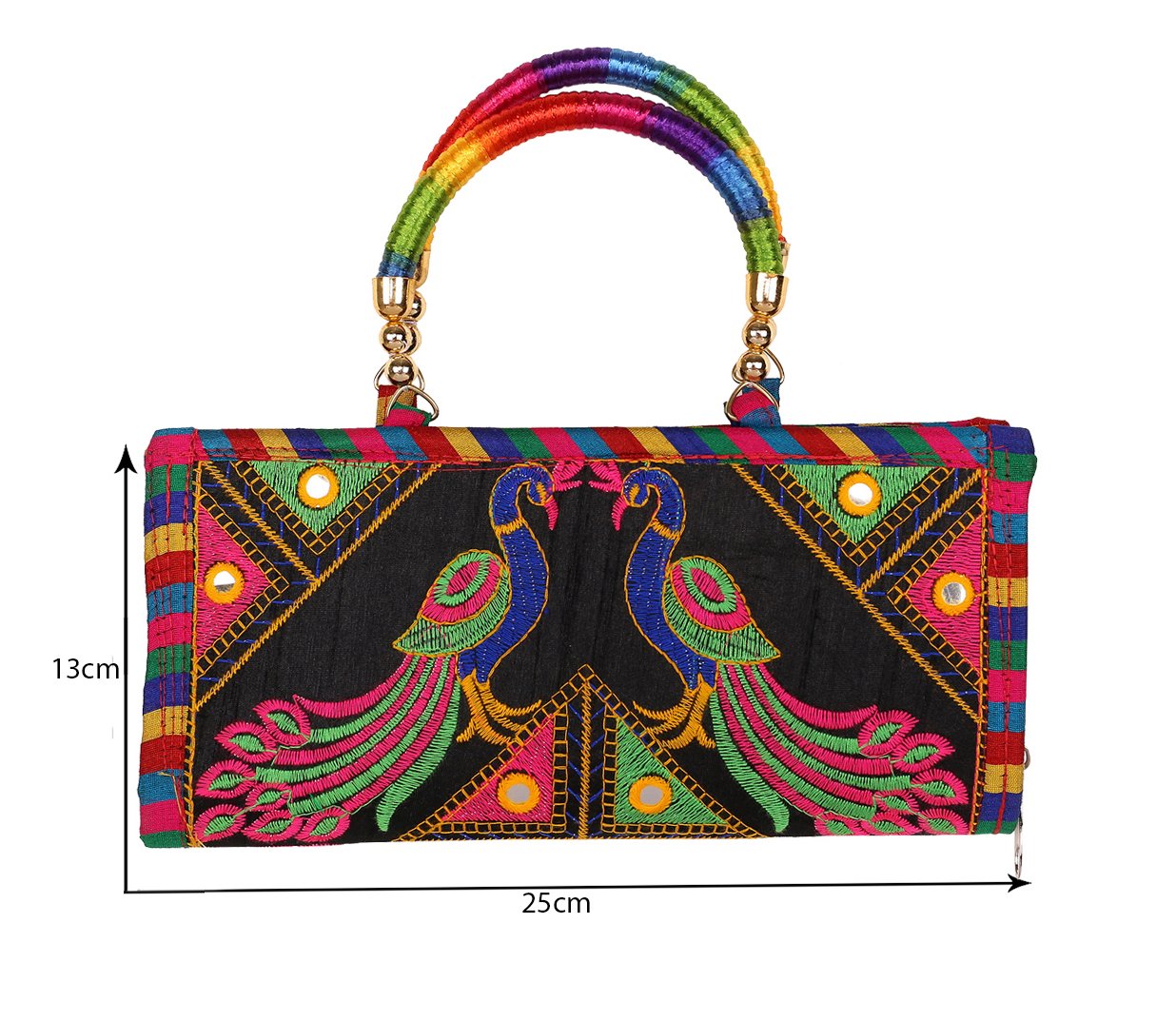 Rajasthani Jaipuri Embroidered Mirror Work Clutch Bag for Women - 13x25cm Ethnic Handmade Purse for Girls & Ladies - Perfect for Weddings, Parties & Festive Occasions