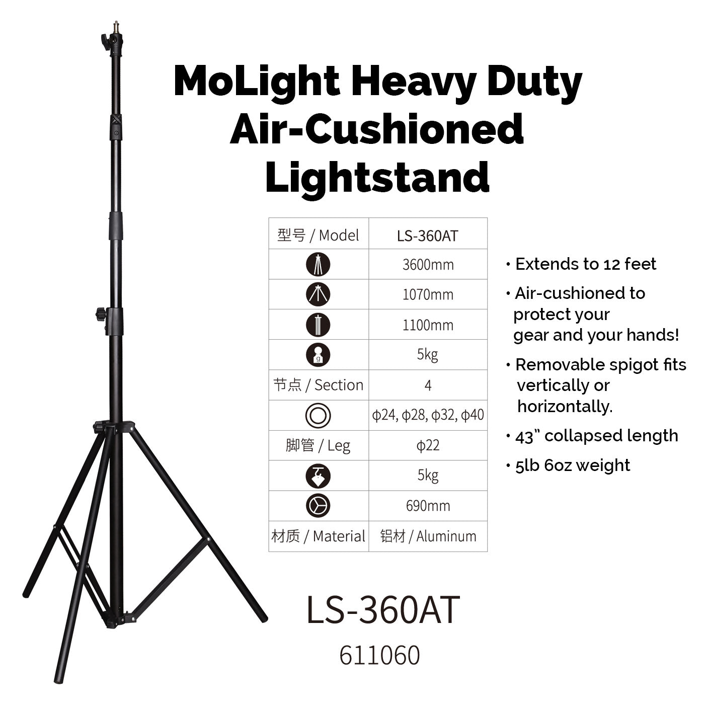 MoLight Heavy Duty 12' Stand - Adjustable & Sturdy Light Stand for Photography, Videography, and Studio Lighting - Perfect for YouTube, TikTok, and Live Streaming