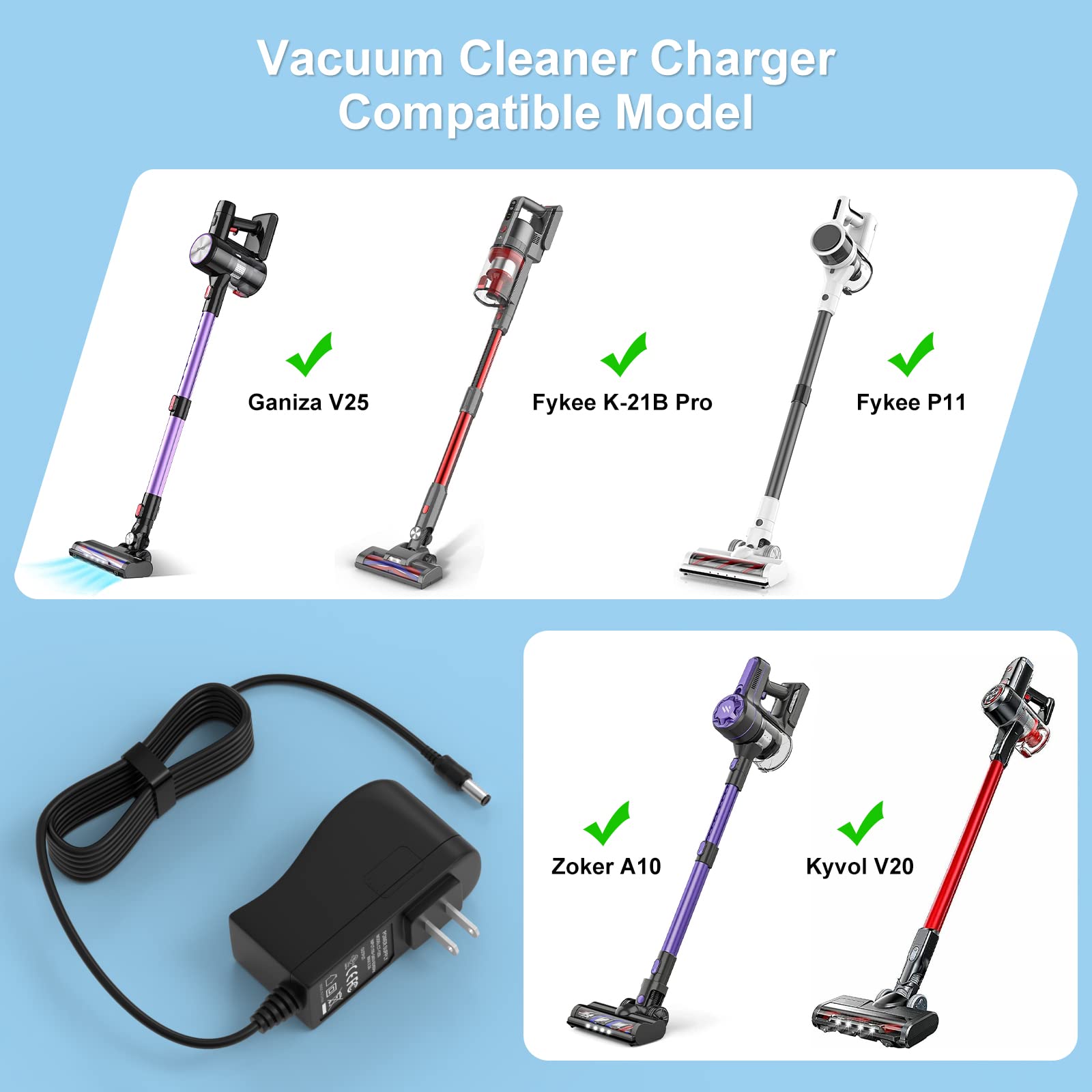 VHBW Vacuum Cleaner Charger Replacement for Fykee P11 K-21B Pro A10 PRO, Ganiza V25, Zoker A10 A10pro, Kyvol V20 - AC Power Adapter Cord for Cordless Vacuums - Perfect for Home Cleaning & Quick Recharging