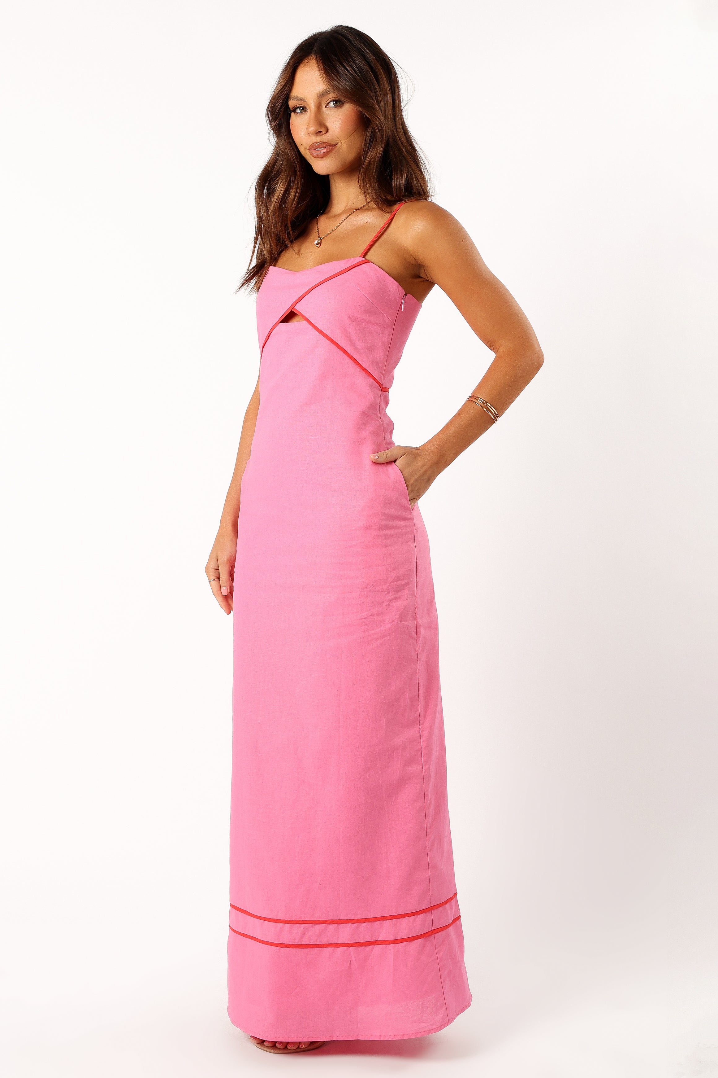 Callie Contrast Trim Maxi Dress - Flowy Long Pink Summer Dress for Women | Beach Wedding, Vacation & Party Wear