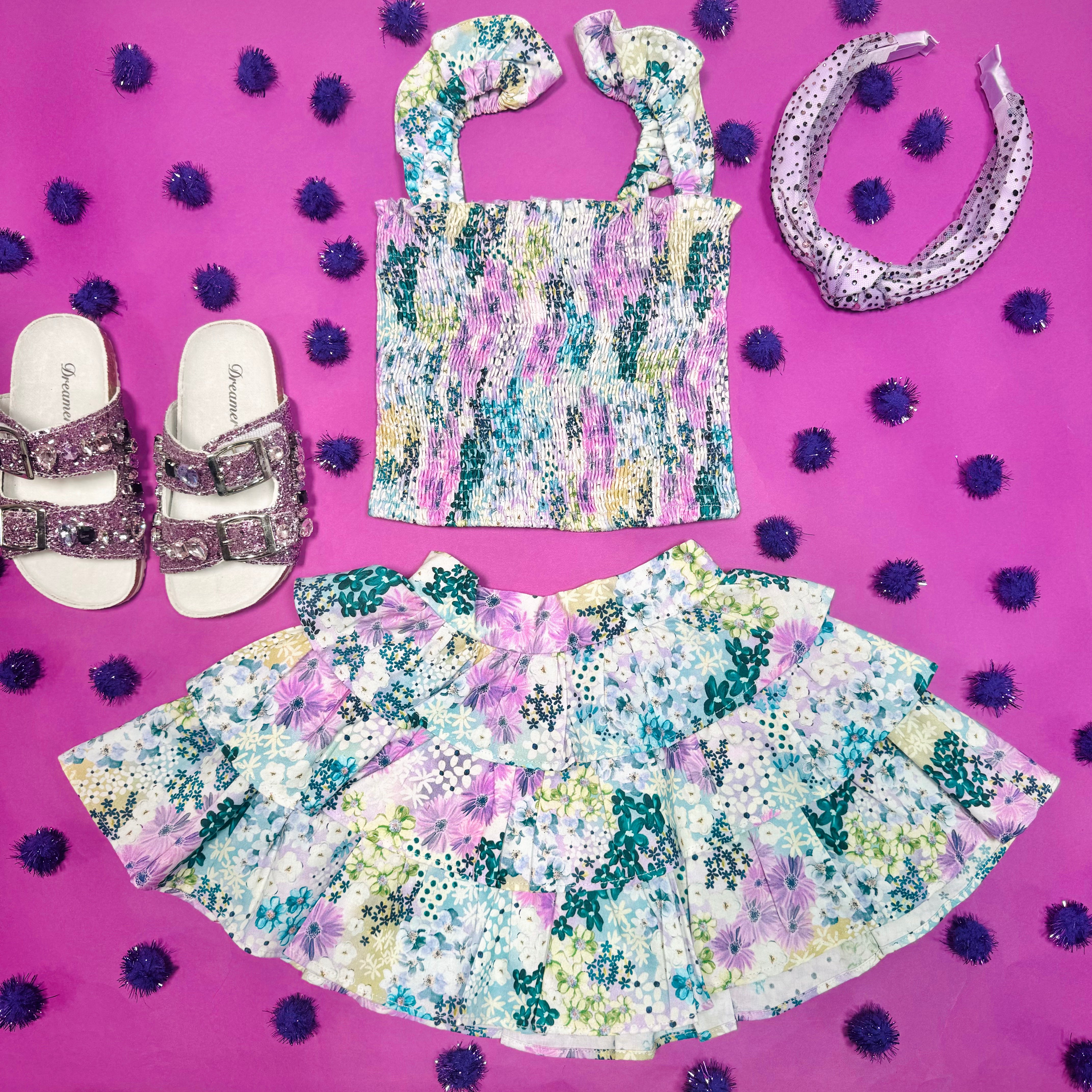 Estelle Meadow Smocked Top and Ruffle Skirt Set - Elegant Floral Print Outfit for Women | Perfect for Spring, Summer, Garden Parties & Outdoor Events