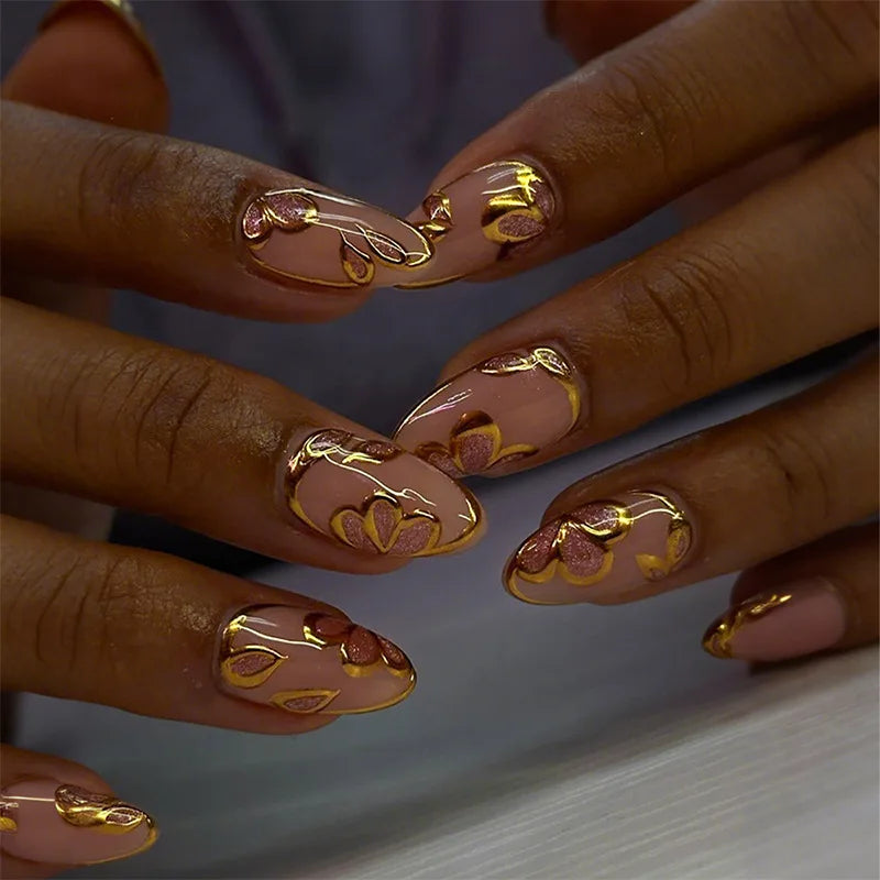 24Pcs Short Pink Fake Nails with French Gradient Design - Almond Shaped Press on Nails with Golden Stripe Detachable Tips for Women | Perfect for Parties, Weddings, and Daily Wear
