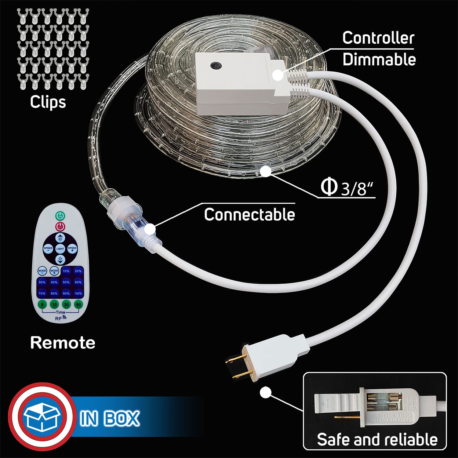 Russell Decor LED Rope Lights - 60ft Red White Blue Patriotic String Lights with 10-Level Dimmable Remote Control | Waterproof Outdoor Christmas & 4th of July Decorations for Party, Garden, Patio, and Home