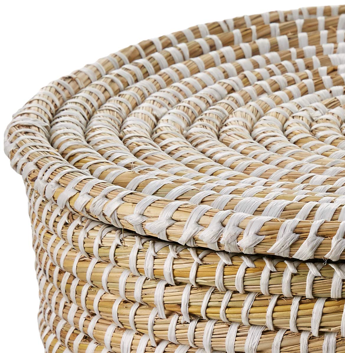 Whitewashed Woven Seagrass Storage Baskets with Lids - Set of 3 Sizes (Small, Medium, Large) - Natural Home Decor for Bathroom, Kitchen & Living Room Organization
