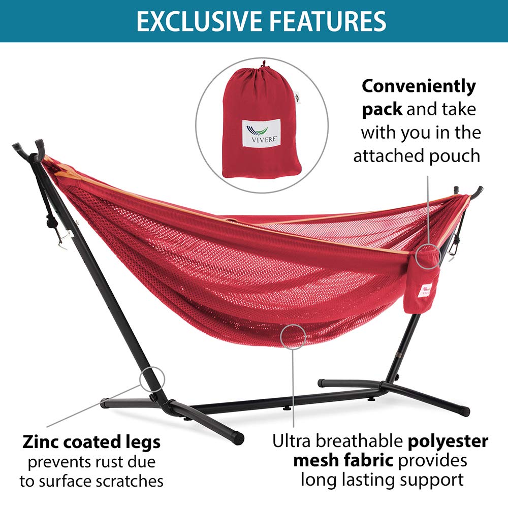 Vivere C9MESH-46 Double Hammock with Steel Stand - Peach & Punch Color - Outdoor Patio, Backyard, Camping & Beach Relaxation