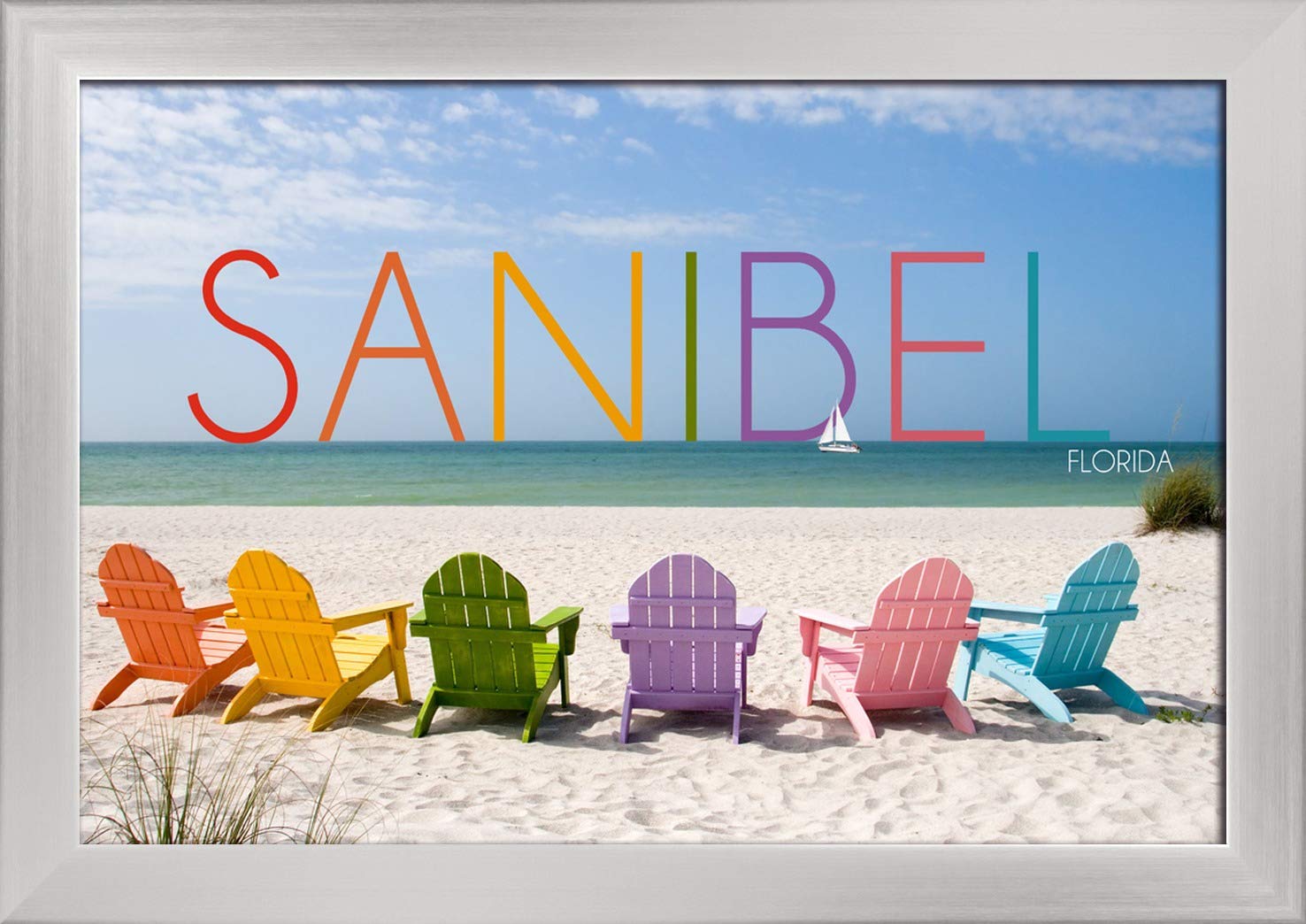 Sanibel Florida Beach Chairs Art Print - 12x18 Inch Giclee Fine Art with Recycled Wood Frame in Silver | Perfect for Coastal Home Decor, Beach House Wall Art, Living Room & Office Decoration