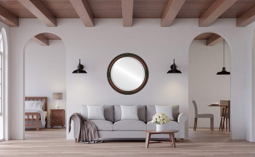 OVALCREST Jefferson Style Round Beveled Wall Mirror - 26x26 Inches Rosewood Finish - Elegant Home Decor for Living Room, Bedroom & Entryway