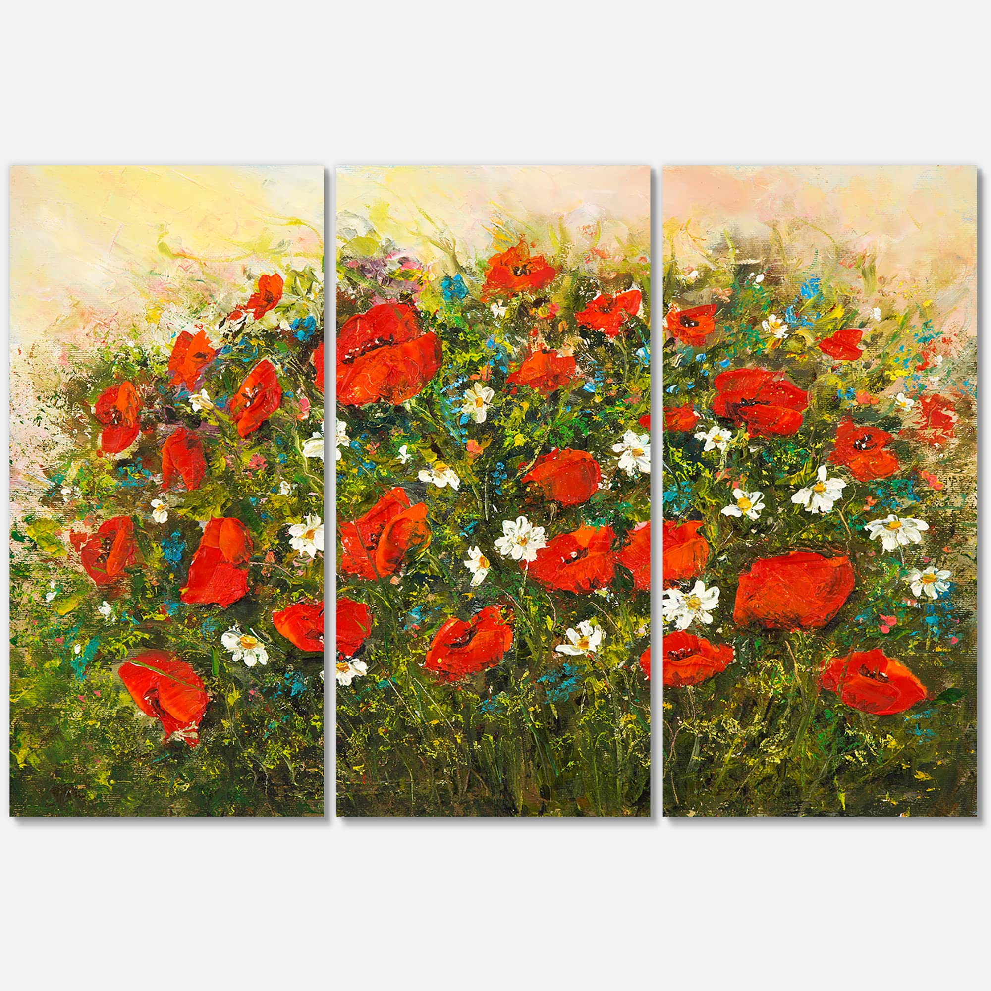 Red Wildflowers In The Fields Traditional Canvas Wall Art - Hand Painted Landscape Painting - Farmhouse Decor for Living Room, Bedroom & Office