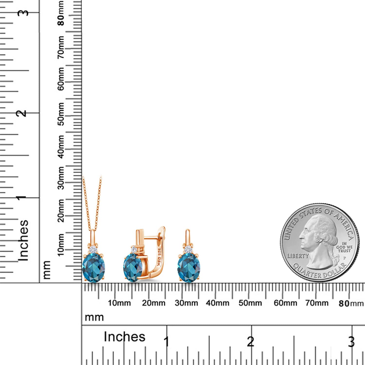 18K Rose Gold Plated Silver Pendant & Earrings Set with Oval London Blue Topaz and Moissanite (6.95 Cttw) - Gem Stone King | Elegant Jewelry for Weddings, Anniversaries & Special Occasions