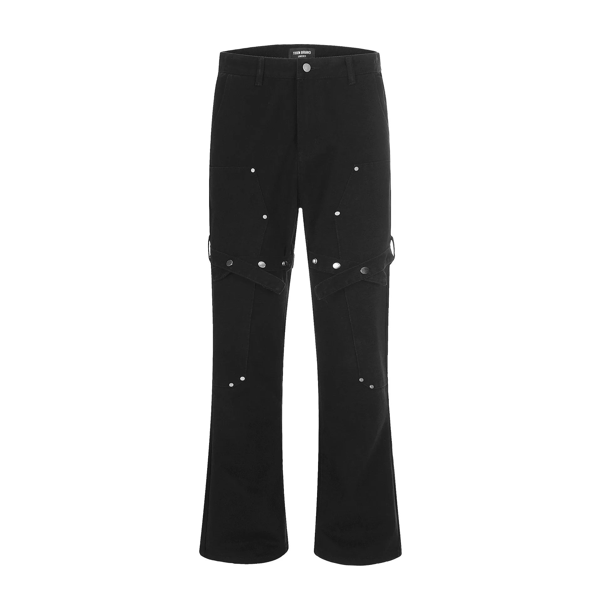 Vintage American Style Rivet Design Men's Denim Pants - High Street Boot Cut Jeans with Strap Decoration (9C884501) | Perfect for Casual Wear, Street Fashion & Retro Outfits