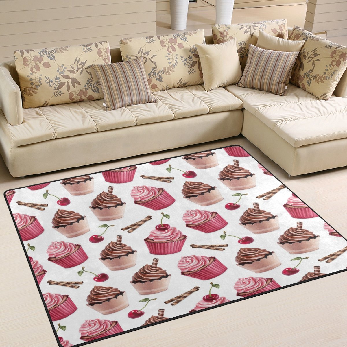 ALAZA Christmas Cherry Fruit Chocolate Cupcake Area Rug - 7' x 5' Soft Non-Slip Living Room Bedroom Rug for Holiday Decor, Home Party & Cozy Winter Ambience