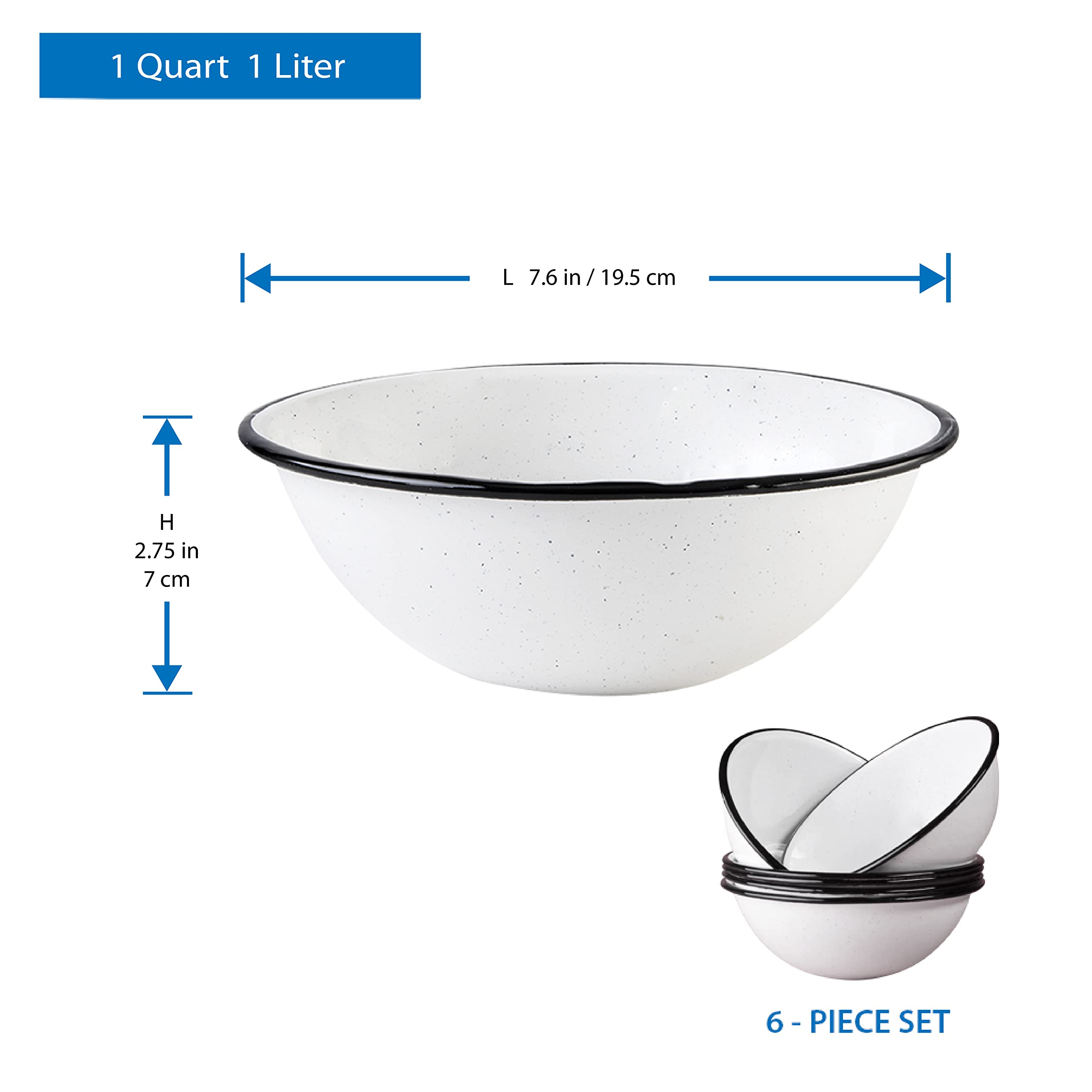 Cinsa 7-Inch Enameled Steel Bowls (Set of 6) - Durable Stackable Mixing Bowls for Kitchen, Camping & Farmhouse Decor - Oven, Fire & Dishwasher Safe - Speckled White - Perfect for Baking, Serving & Outdoor Picnics