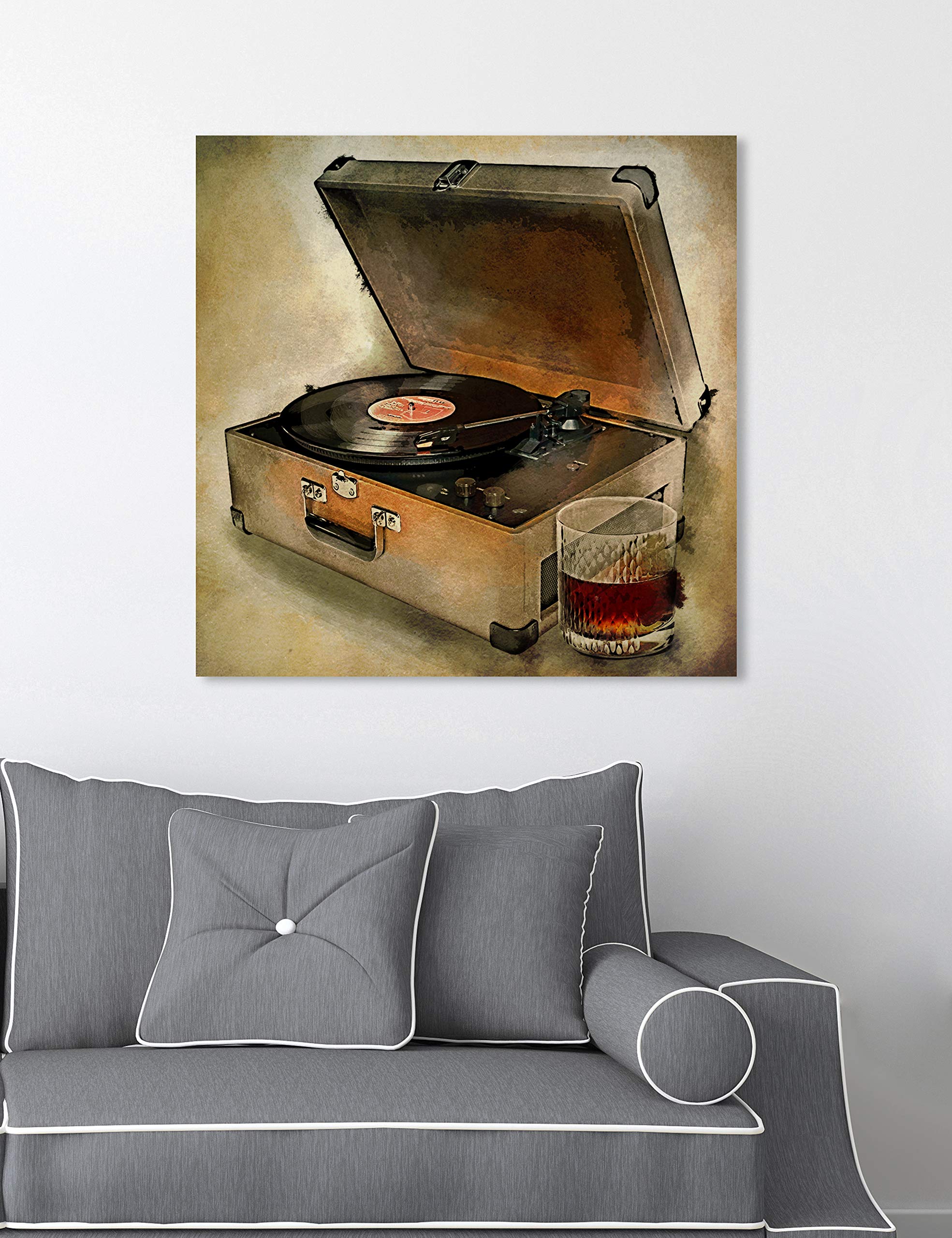 Oliver Gal Artist Co. 'Drink to The Tunes' Music Wall Art Canvas Print - 20x20 Inch Brown & White Home Decor - Perfect for Living Room, Bedroom & Bar Decorations