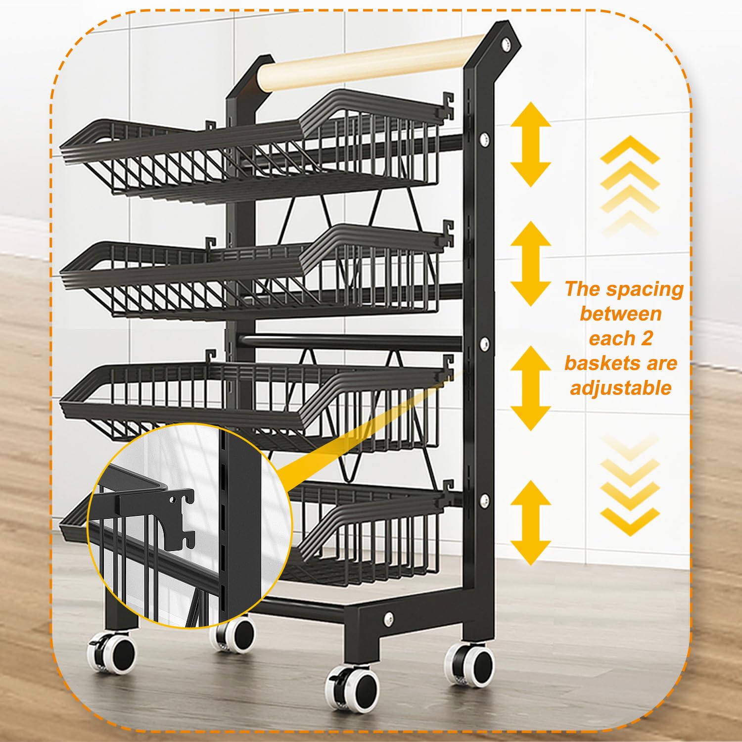 4-Tier Rolling Kitchen Cart with Wheels - Adjustable Metal Wire Storage Rack for Pantry, Fruits & Vegetables - Black Snack Organizer with Wooden Handle for Home, Office & Dorm Use