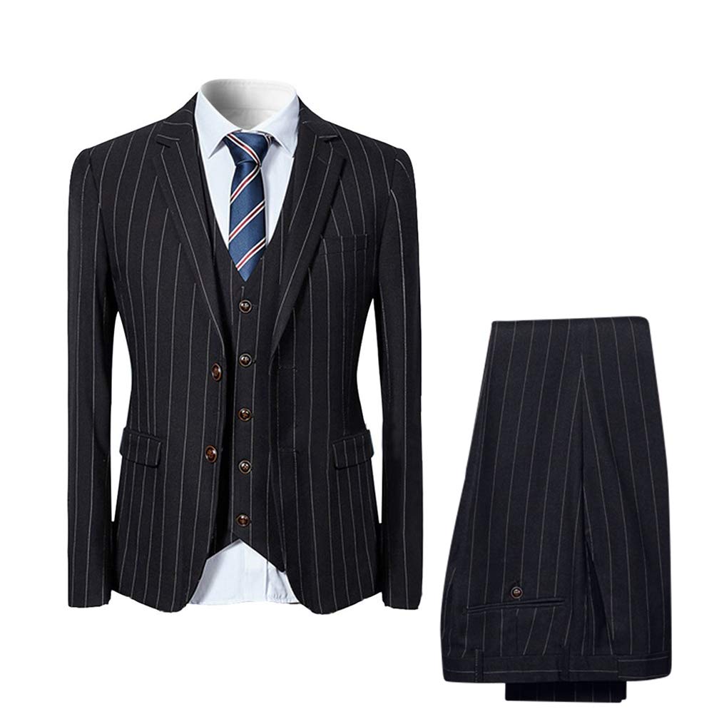 Men's 3-Piece Slim Fit Pinstripe Suit Set - Formal Notched Lapel Blazer, Vest & Dress Pants for Business, Weddings & Special Occasions
