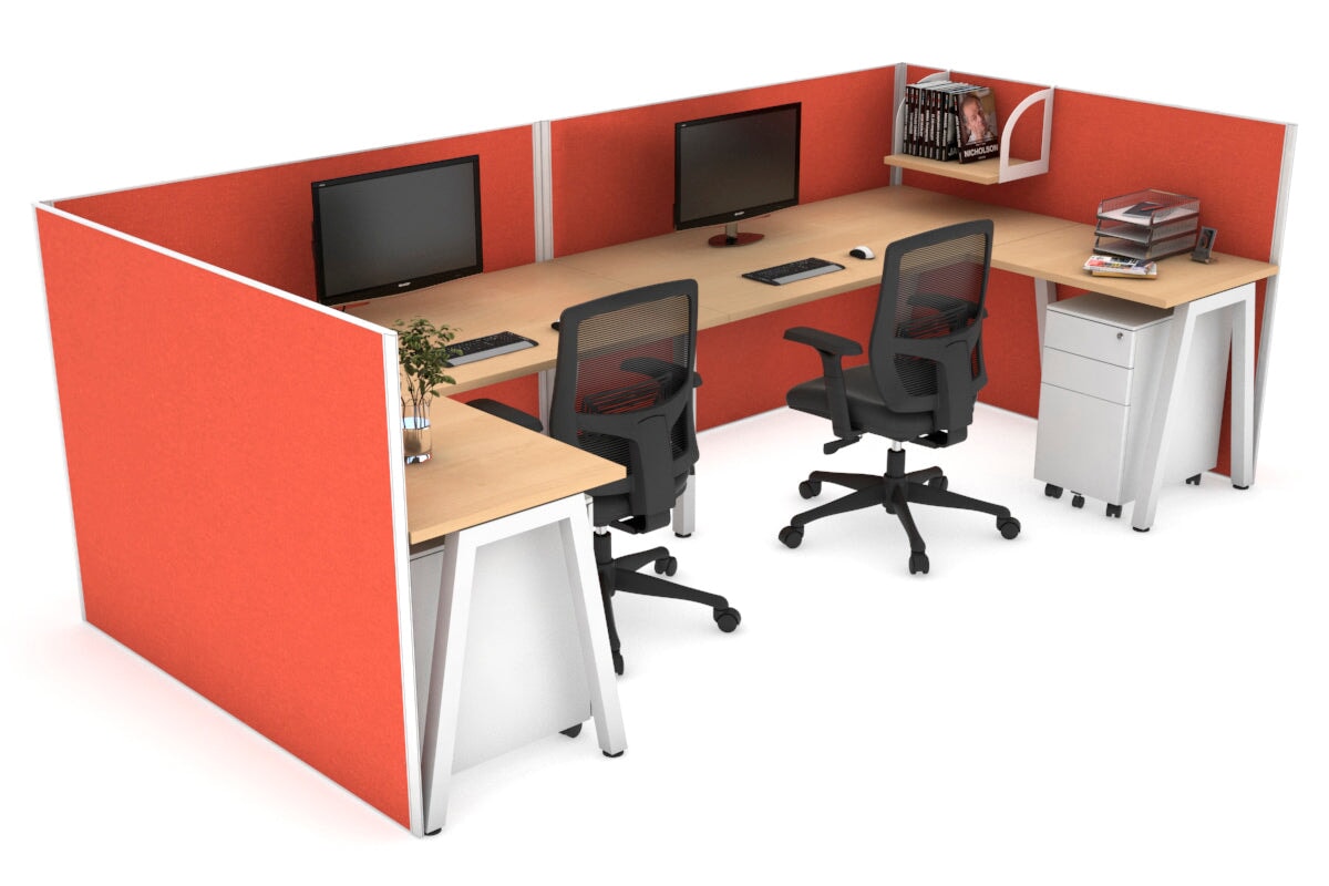 Quadro A Legs 2-Person Corner Workstation - U-Shaped White Frame Office Desk [1400L x 1800W with Cable Management] for Home & Office Workspaces