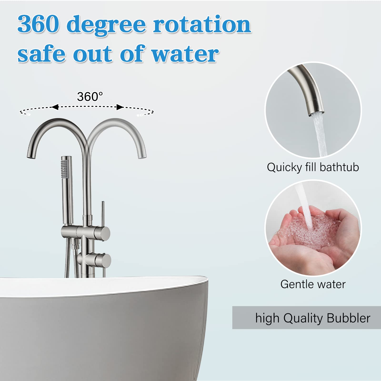 YAGATAP Freestanding Bathtub Faucet - Floor Mount Tub Filler with Handheld Shower Mixer in Brushed Nickel - High Flow Shower Faucet with Swivel Spout for Modern Bathroom Luxury | Perfect for Spa-Like Relaxation and Elegant Bathroom Upgrades