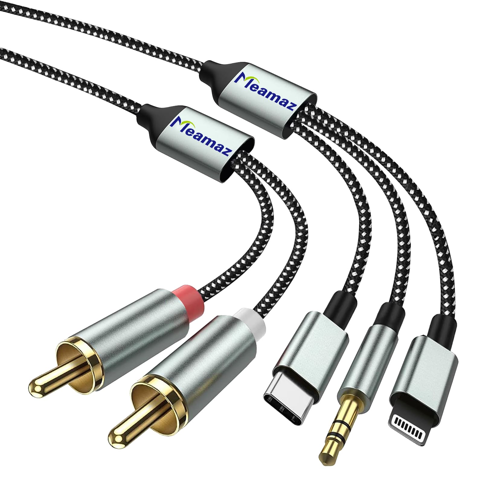 Meamaz MFi Certified Lightning to RCA Audio Cable - 4.26FT Hi-Fi DAC Cable for Home Theater, AMP, Subwoofer | 3-in-1 USB-C to RCA & 3.5mm Aux Cable | Perfect for iPhone, iPad, Car Audio & DJ Equipment