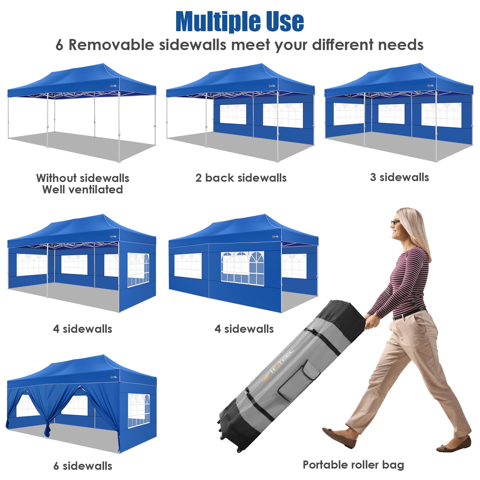 HOTEEL 10x20 Pop Up Canopy Tent - Heavy Duty Commercial Instant Gazebo with 6 Sidewalls, Roller Bag & Sand Bags - Easy Setup Hexagonal Frame for Outdoor Weddings, Parties, Events & Farmers Markets (Blue)