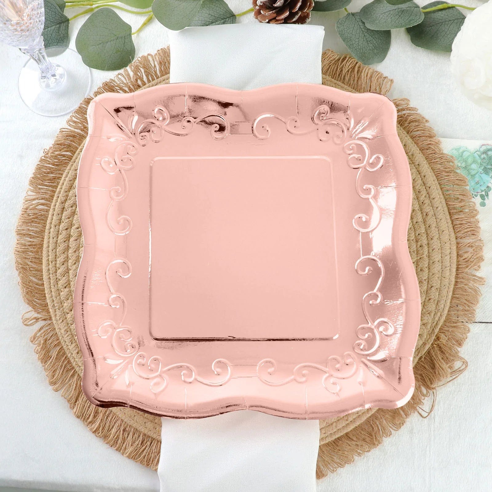 25 Pack Square Disposable Dessert Plates with Elegant Scroll Design - Perfect for Parties, Weddings, and Dinner Events