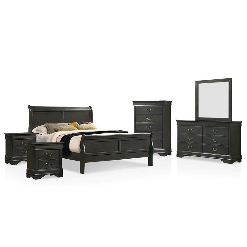 Furniture of America FOA Jussy 6-Piece Gray Wood King Bedroom Set with Nightstands, Chest, Dresser & Mirror - Perfect for Master Bedroom & Guest Room Decor