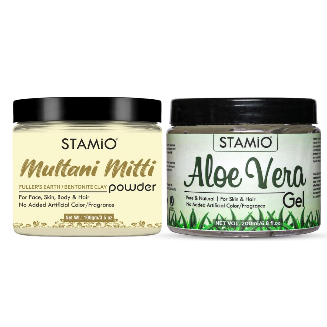 STAMIO Aloe Vera Gel & Multani Mitti Clay Powder Combo - 200g Aloe Gel + 100g Clay Mask for Deep Cleansing, Acne Treatment & Skin Nourishment | Natural Skincare Set for Glowing Face | Perfect for Daily Routine & Spa Days