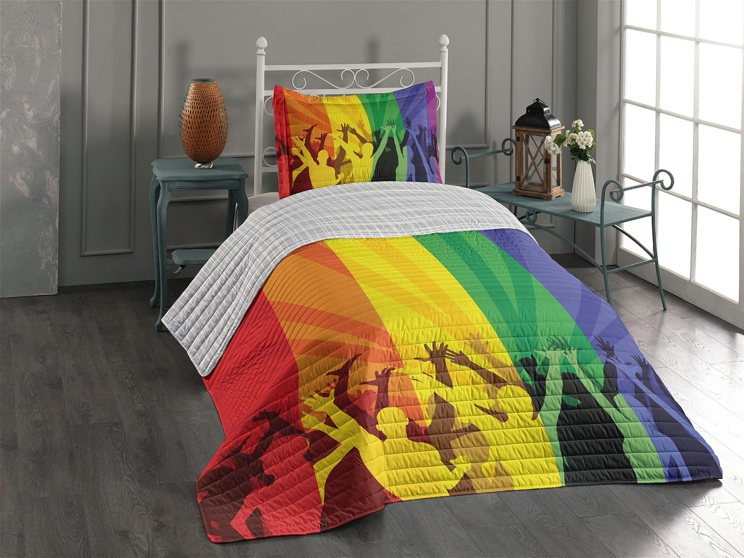Ambesonne Pride Reversible Twin Size Bedspread Set - Colorful Striped LGBT Celebration Design with Pillow Shams & Microfiber Comforter - Yellow Multicolor for Bedroom Decor & LGBTQ+ Pride Events