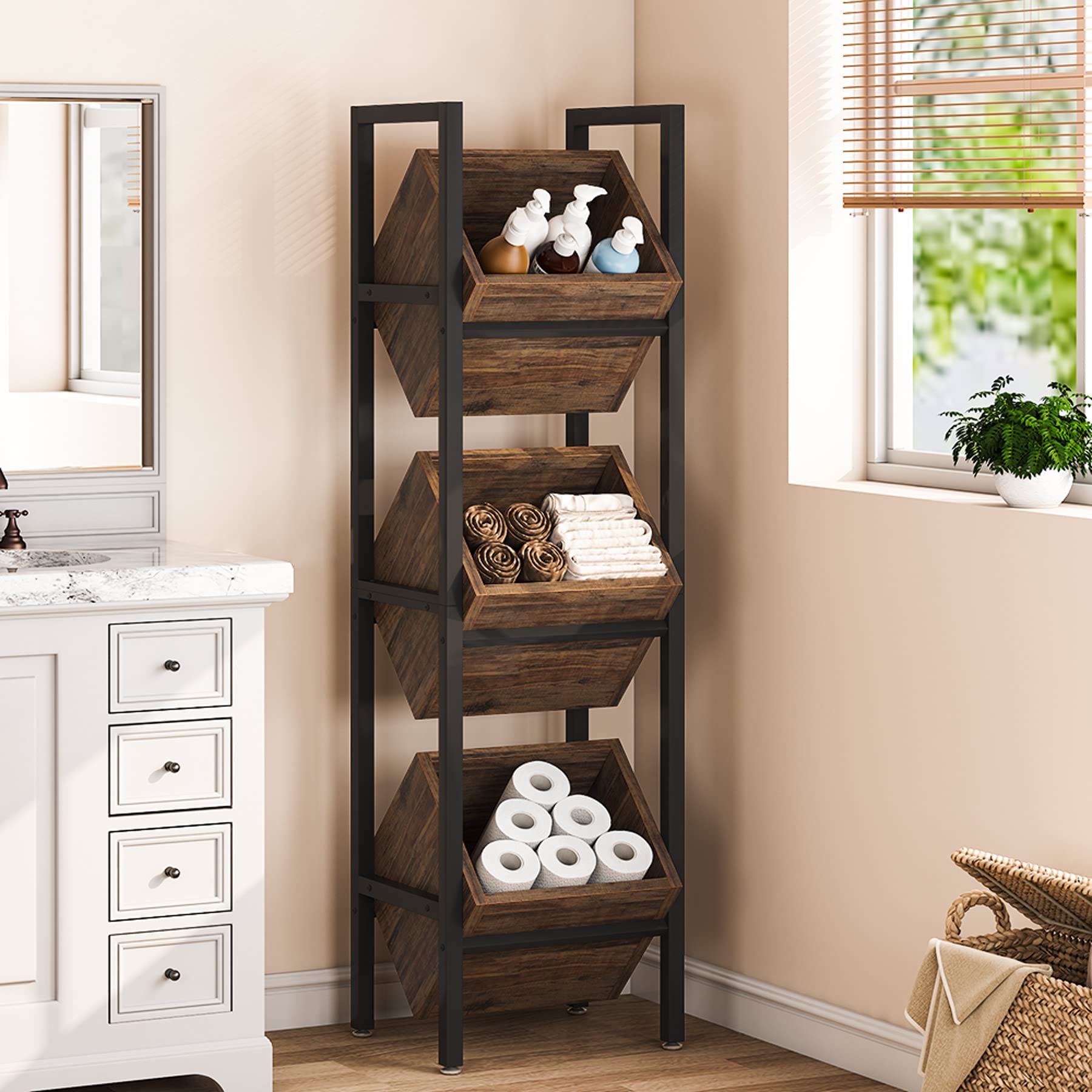 Tribesigns 3-Tier Wooden Basket Stand - Rustic Vertical Storage Organizer with Baskets for Kitchen, Bathroom, Living Room - Perfect for Fruit, Snacks, Towels & Home Organization