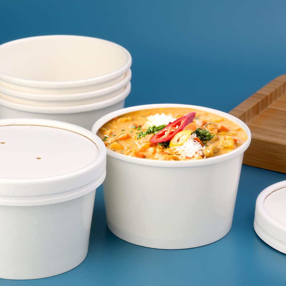 8 oz 50 Pack Disposable White Paper Soup Containers with Lids - Leak Proof Food Storage Cups for Restaurants, Takeout, Ice Cream & Hot Beverages - Perfect for To-Go Lunches, Catering Events and Food Delivery Services