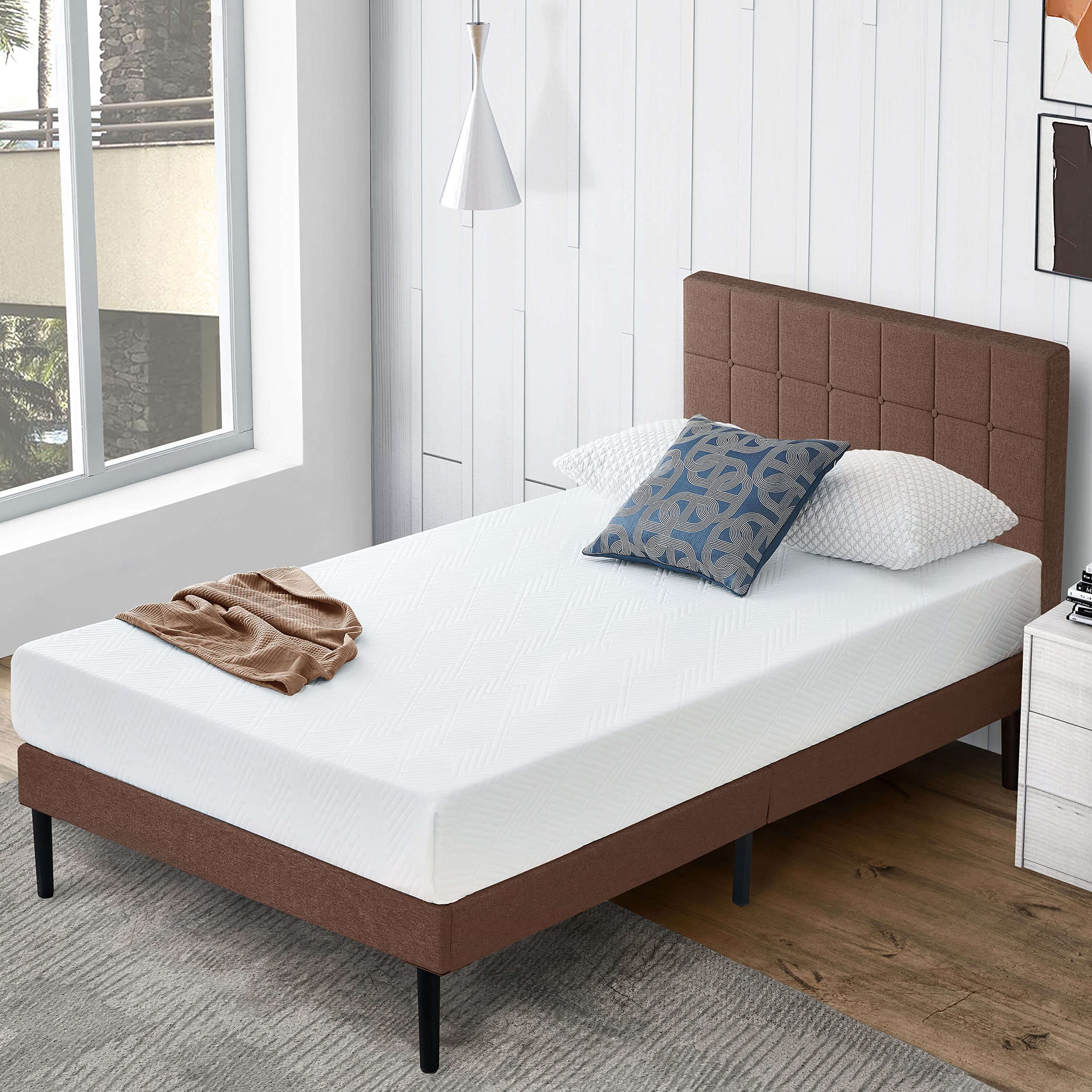 SECRETLAND Twin Bed Frame with Upholstered Headboard - Sturdy Wood Slat Support Platform Bed, No Box Spring Needed, Silent & Easy Assembly, Under Bed Storage Space - Perfect for Small Bedrooms, Guest Rooms & Dormitories (Brown)
