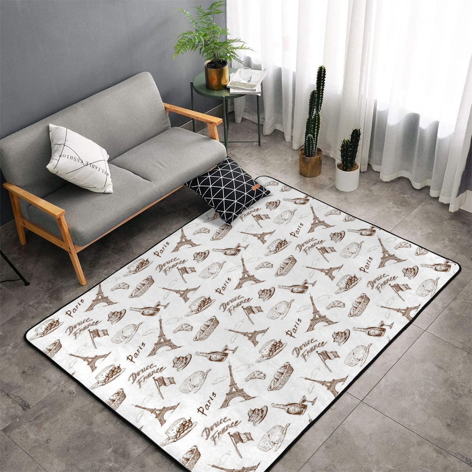 Paris Themed Indoor Area Rug - Hand Drawn French Tourist Icons with Wine, Coffee, Cheese & Bakery Print - Modern Decorative Living Room Carpet (67x102 Inch, Brown/White) | Perfect for Home Decor, Dining Room & Cozy Spaces