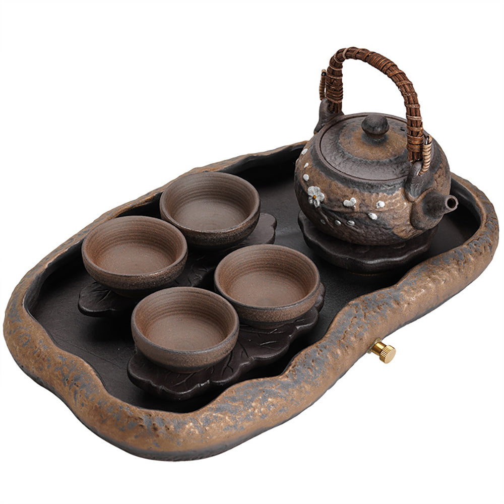 Handmade Stone Pottery Lotus Lake Tea Set - Ceramic Tea Cup & Teapot Gift Set for Home, Office & Meditation Use