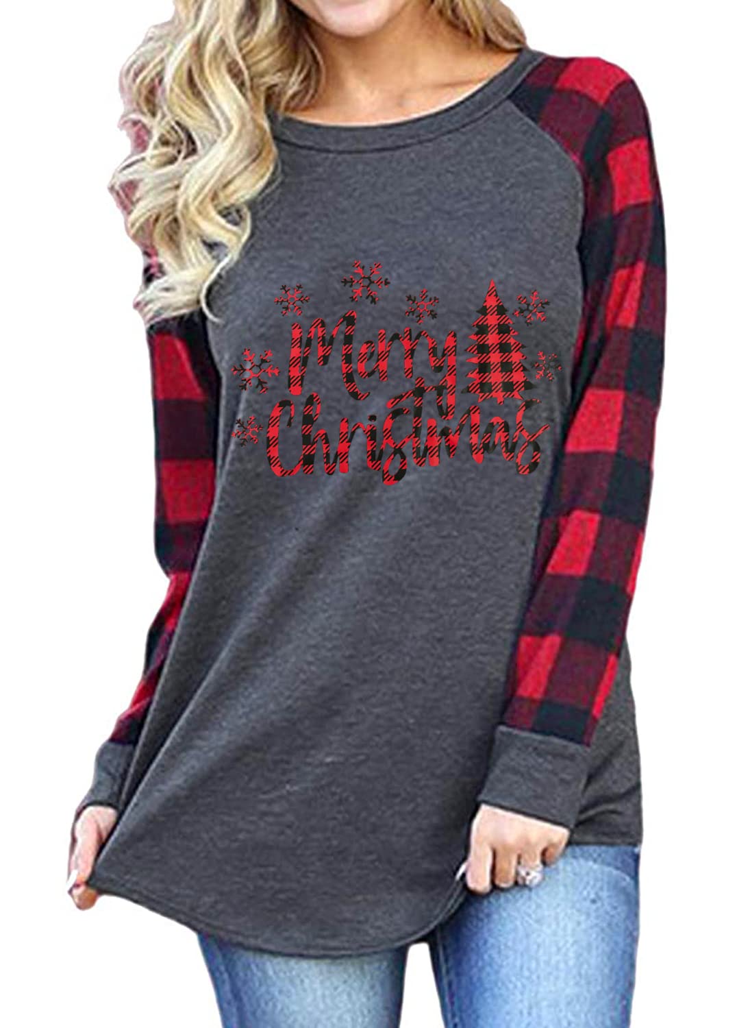 Women's Merry Christmas Shirts - Long Sleeve Plaid Raglan Graphic Tee for Holiday Movie Nights & Cozy Winter Outfits
